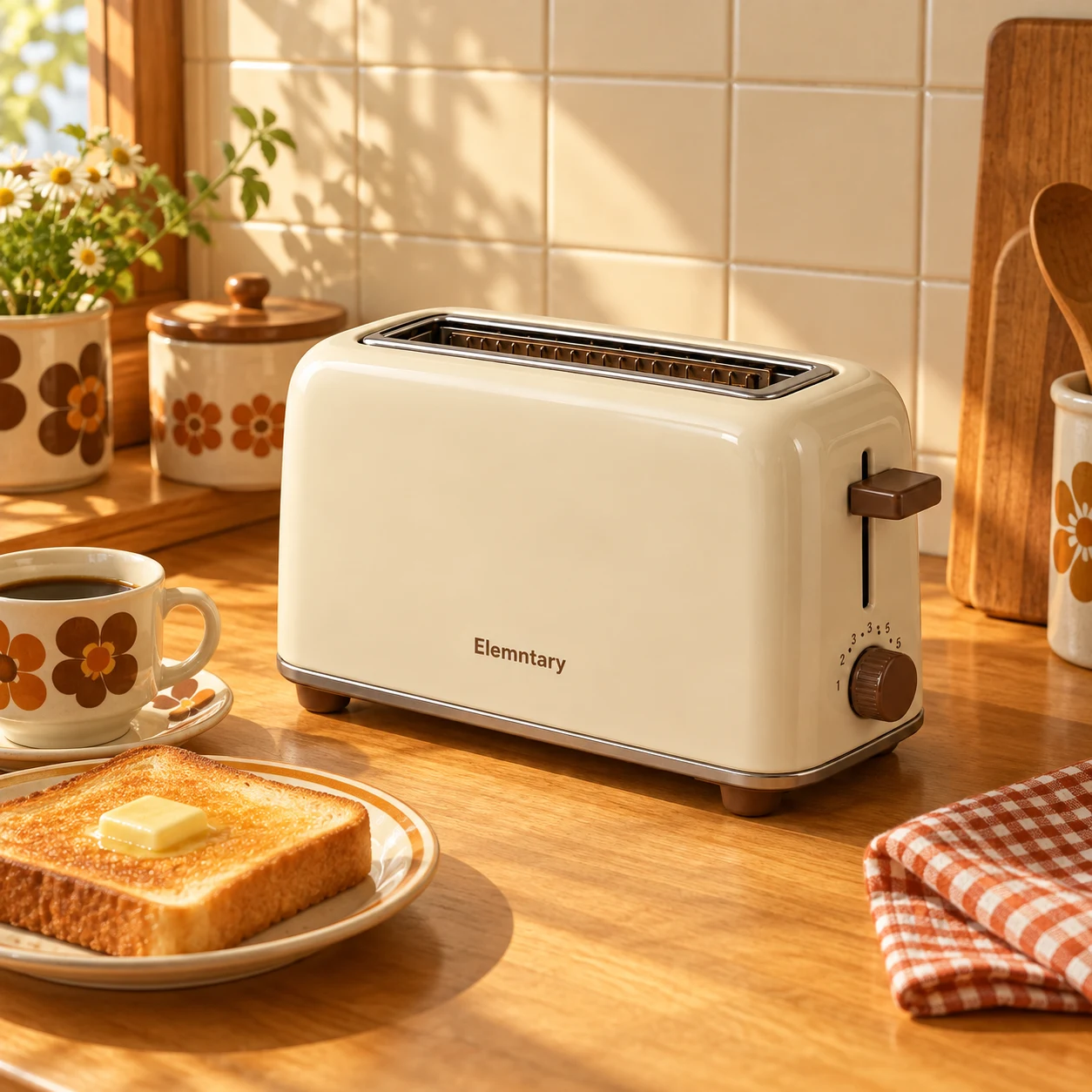 Elemntary cream toaster on a warm wooden breakfast counter